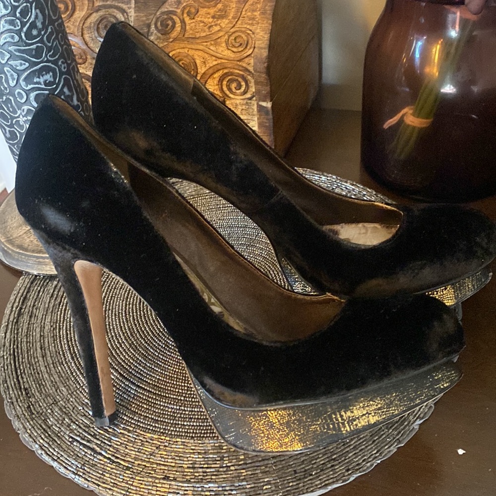 Sam Edelman Velvet Stilettos-with gold snake print platform-from Neiman Marcus